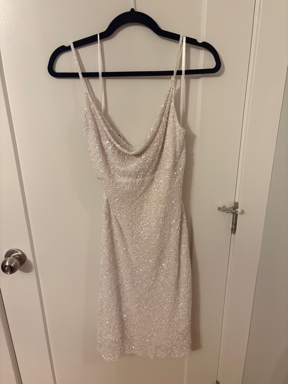 Sequin Silk Vintage Sparkle Cowl Neck Slip Dress in Ivory